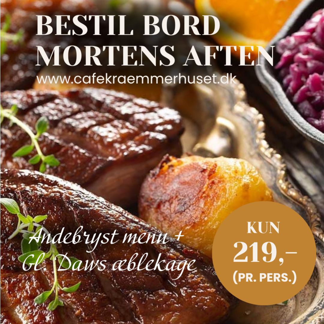 Mortens aften tilbud Kvickly Ebeltoft Lækker 2-Retters Mortens aftens menu: Andebryst og æblekage KUN 219,- pr. person.